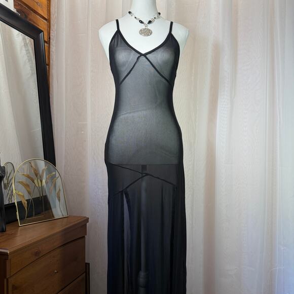 Goth Lingerie Aesthetic Sheer Mesh Double Leg Slit Maxi Dress Size Small - Picture 1 of 7